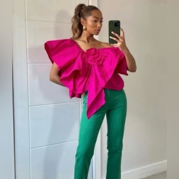 Zara Asymmetrical Pink Fushia One Shoulder Ruffle Top - Picture 2 of 7